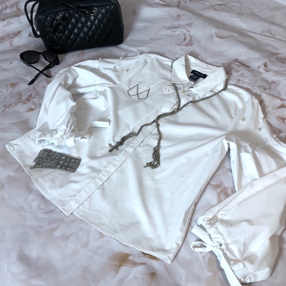 NWT Anna Cai Button Down w/ Pearl & Tie Sleeve